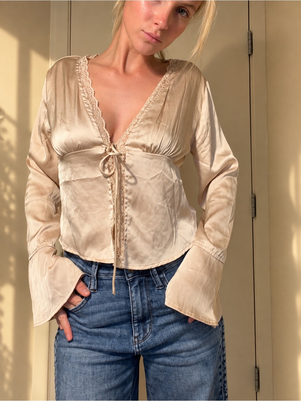 Princess Polly Cream Satin Lace-Trim Tie-Front Blouse